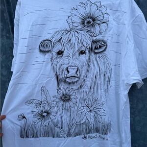 White Graphic T-Shirt with Cow and Flowers